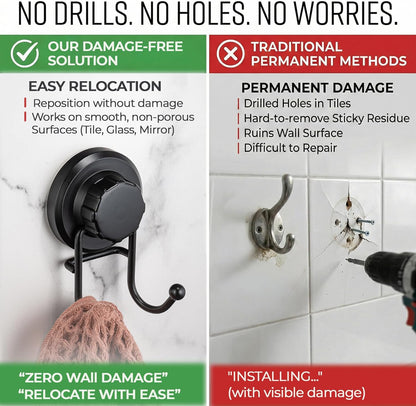 HASKO accessories - Suction Cup Hooks for Shower - Towel Hooks for Bathroom Wall Mounted Shower - Bathroom Hooks for Hanging - Stainless Steel SS304 Towel Holders, Black (2 Pack)