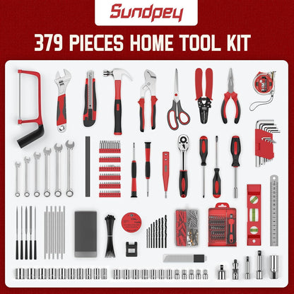 Sundpey 379-PCs Home Tool Kit - Portable Complete Household and Auto Repair Tool Set - Hand General Basic Tool Box Storage Case with Drawer - Full Basic Toolkit for Handyman & Diyer & Homeowner