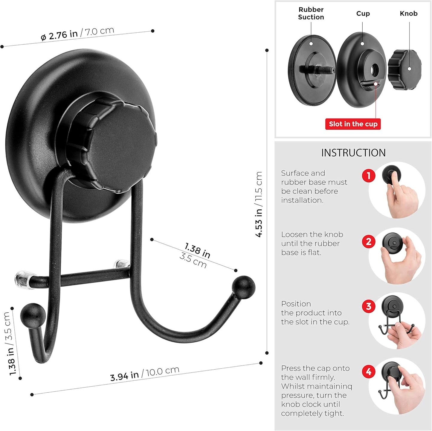 HASKO accessories - Suction Cup Hooks for Shower - Towel Hooks for Bathroom Wall Mounted Shower - Bathroom Hooks for Hanging - Stainless Steel SS304 Towel Holders, Black (2 Pack)