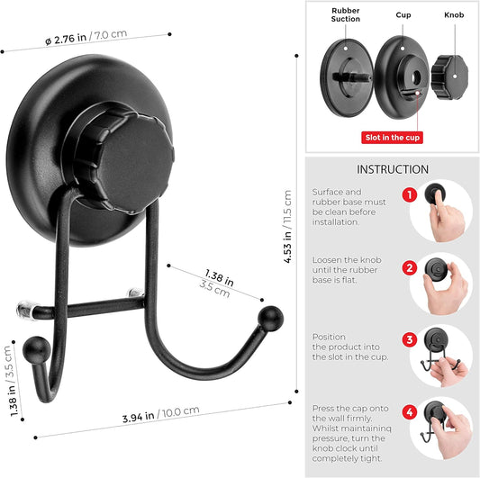 HASKO accessories - Suction Cup Hooks for Shower - Towel Hooks for Bathroom Wall Mounted Shower - Bathroom Hooks for Hanging - Stainless Steel SS304 Towel Holders, Black (2 Pack)