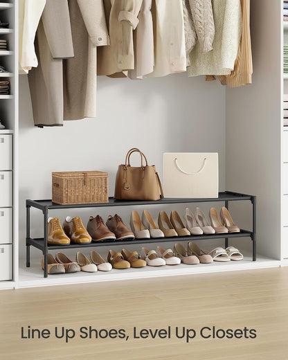 SONGMICS Shoe Rack, 2-Tier Shoe Storage Organizer, Space-Saving, 11.7 x 16.5 x 12.2 Inches, Entryway, Metal Frame, Non-Woven Fabric Shelves, Ink Black ULSH012BH01