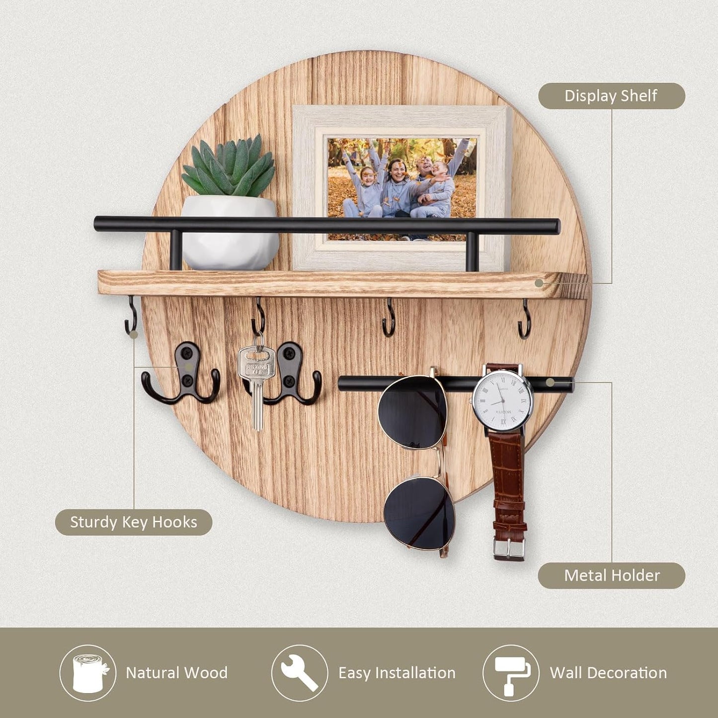Nekon Key Holder Wall Mount, 11.8 Inch Rack With Shelf and 6 Hooks, Rustic Mail Organizer, Circular Wooden Hanger for Entryway Hallway Kitchen (Brown&Gold)