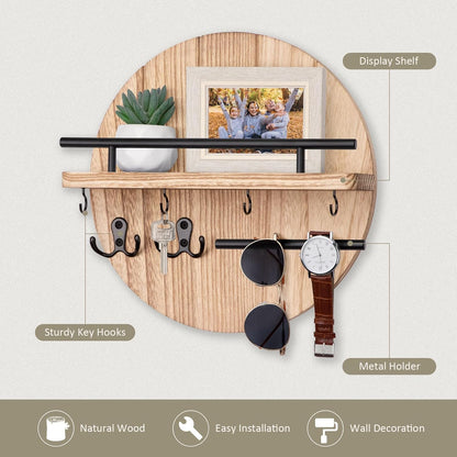 Nekon Key Holder Wall Mount, 11.8 Inch Rack With Shelf and 6 Hooks, Rustic Mail Organizer, Circular Wooden Hanger for Entryway Hallway Kitchen (Brown&Gold)