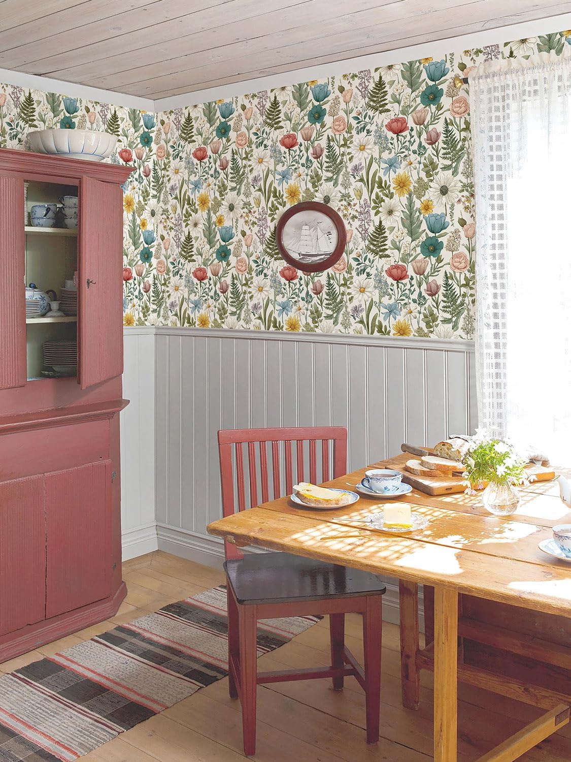 Orainege Pink Floral Peel and Stick Wallpaper Removable Self Adhesive Wallpaper 16.9inx118.1in Modern Wall Paper for Bedroom Bathroom Green Leaf Contact Paper for Cabinets