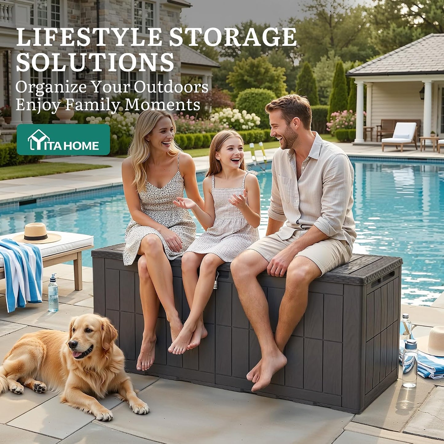 YITAHOME 134 Gallon Large Deck Box | Waterproof Resin Outdoor Storage Box with Lock, Doubles as 2-Person Bench Seating for Patio Furniture Cushions,Garden Tools &