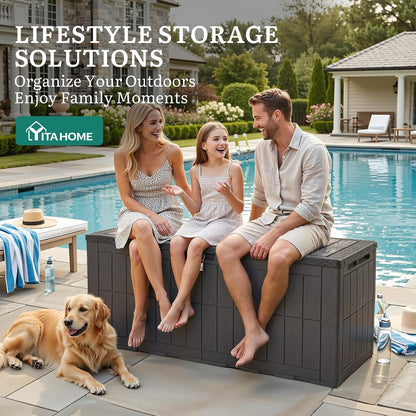 YITAHOME 134 Gallon Large Deck Box | Waterproof Resin Outdoor Storage Box with Lock, Doubles as 2-Person Bench Seating for Patio Furniture Cushions,Garden Tools &