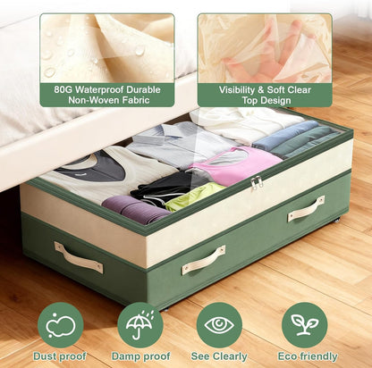 Dolicer 2 Pack Under Bed Storage with Wheels, 6in-10in Height Adjustable Underbed Storage Containers, 92L XXXL Under Bed Drawers Rolling Bin with Clear Lids for Dorm Shoes Clothes Organizers(Grey)