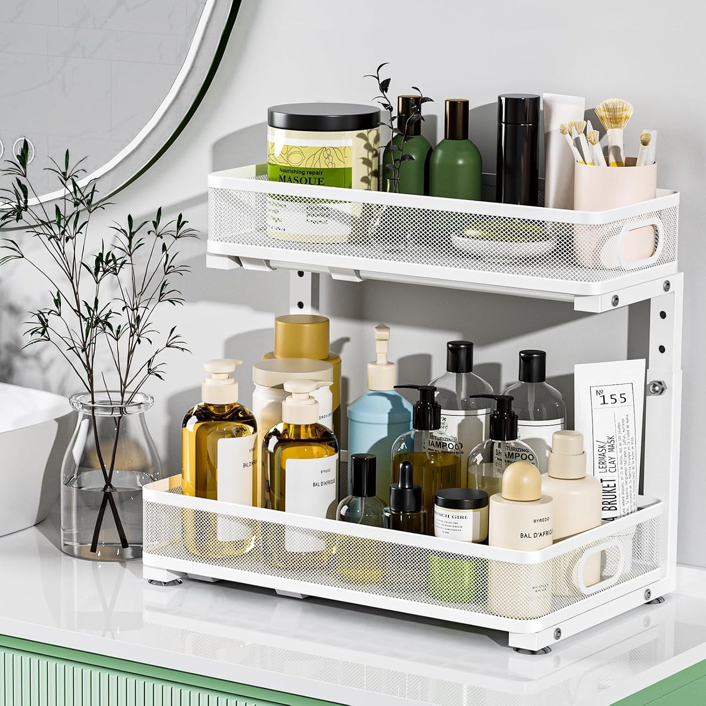Under Sink Organizer 2 Pack, High Adjustable 2 Tier Under Sink Organizers and Storage, Slide out Metal Cabinet Organizers, Pull out Storage Drawer Shelf for Kitchen Bathroom Cabinet (Black-1pack)