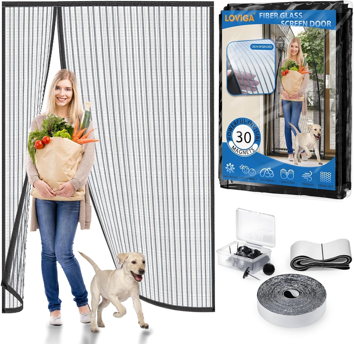 Heavy Duty Door Screen Magnetic Closure, LOVIGA Thickened Fiberglass Screen Door Mesh, Self Sealing, Tear Resistant, Easy Assemble, Fine Mesh Keep Bugs Out Fit Door Size 36 Inch X 82 Inch