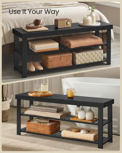 SONGMICS Shoe Rack Bench, 3-Tier Bamboo Shoe Storage Organizer, Entryway Bench, Holds Up to 286 lb, 11.3 x 27.6 x 17.8 Inches, for Entryway Bathroom Bedroom, Ink Black ULBS04H