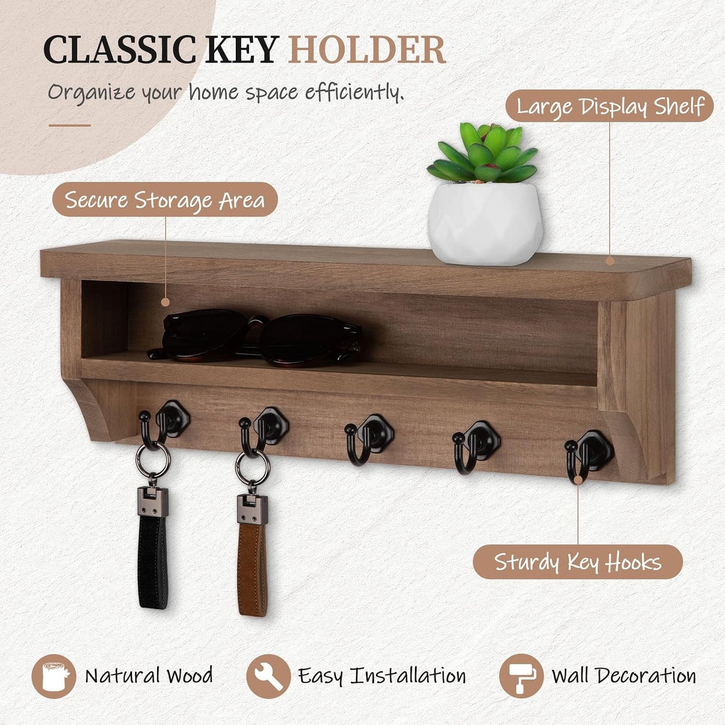 Nekon Key Holder Wall Mount, Wall Organizer Shelf with 5 Key Hooks, Room Decor for Home and Apartment Essentials, White