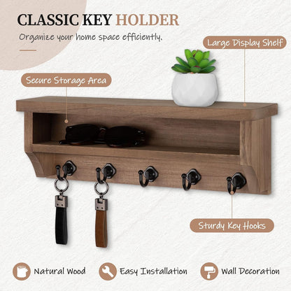 Nekon Key Holder Wall Mount, Wall Organizer Shelf with 5 Key Hooks, Room Decor for Home and Apartment Essentials, White