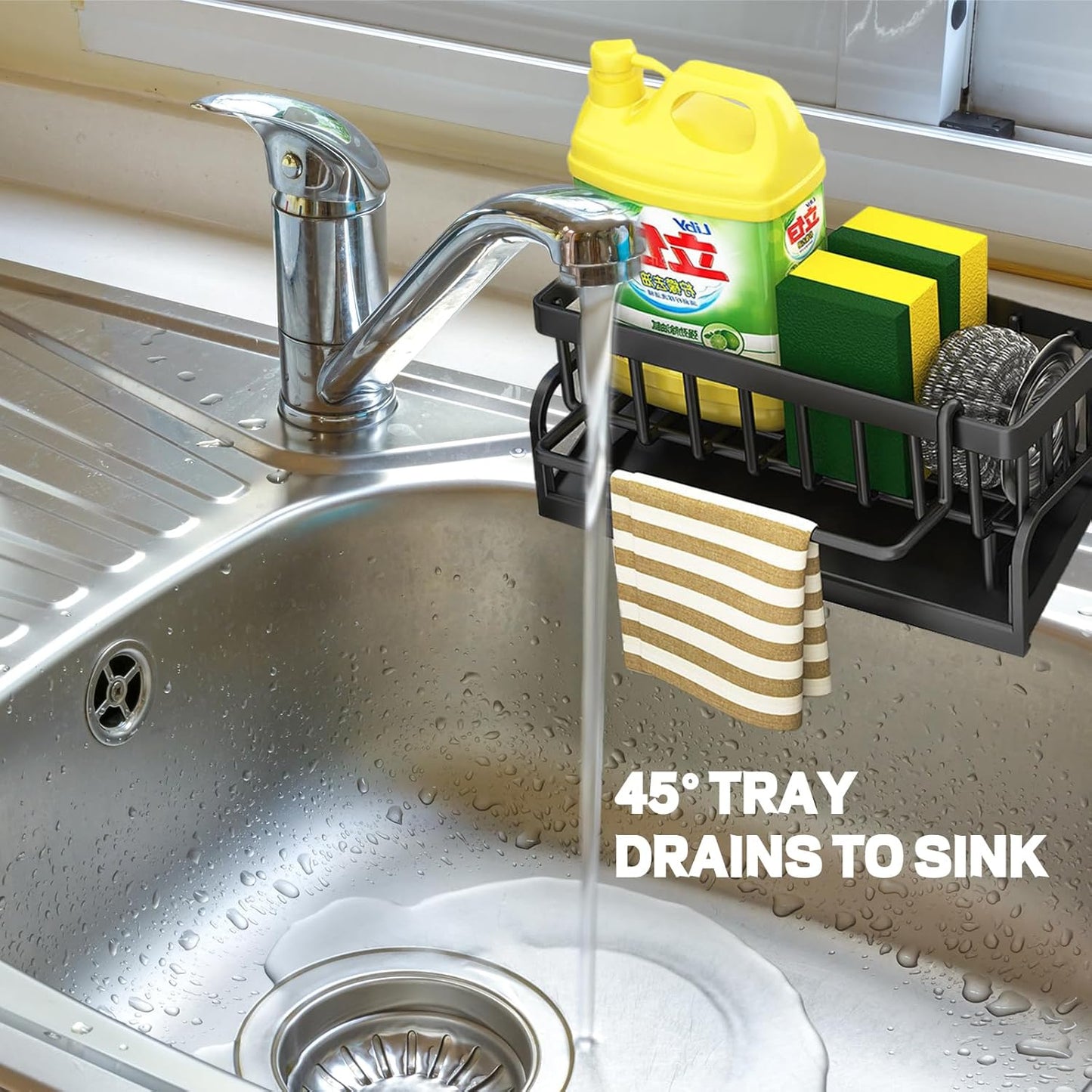 Sponge Holder for Kitchen Sink,Kitchen Sink Organizer caddy with Auto Drain Tray（Plastic）
