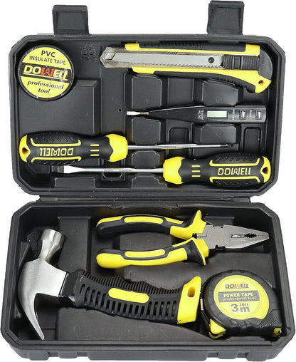 DOWELL Small Homeowner Tool Set 9 Pieces General Household Small Hand Tool Kit with Plastic Tool Box Storage Case