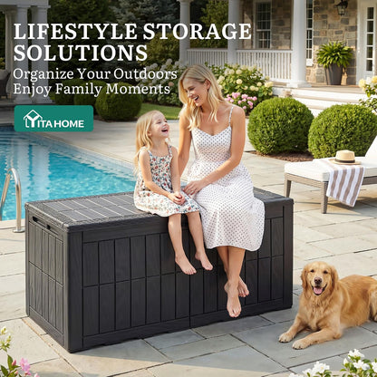 YITAHOME 134 Gallon Large Deck Box | Waterproof Resin Outdoor Storage Box with Lock, Doubles as 2-Person Bench Seating for Patio Furniture Cushions,Garden Tools &