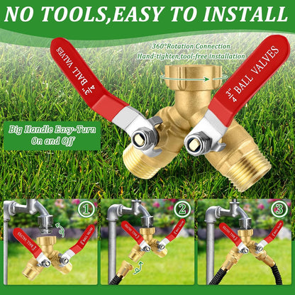 2 Way Garden Hose Splitter, Heavy Duty Brass Y Valve, 3/4” GHT Outdoor Faucet Splitter with Dual Shut Off Valves, 304 Stainless Steel Long Handles, Leak-Proof