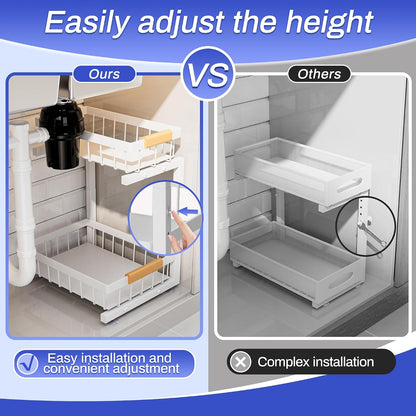 ADBIU Under Sink Organizer 2 Pack, Adjustable Height (11"-15.75") Under Cabinet Storage, 2 Tier Pull Out Sliding Drawers for Kitchen Bathroom, Heavy Duty Metal Shelf, White
