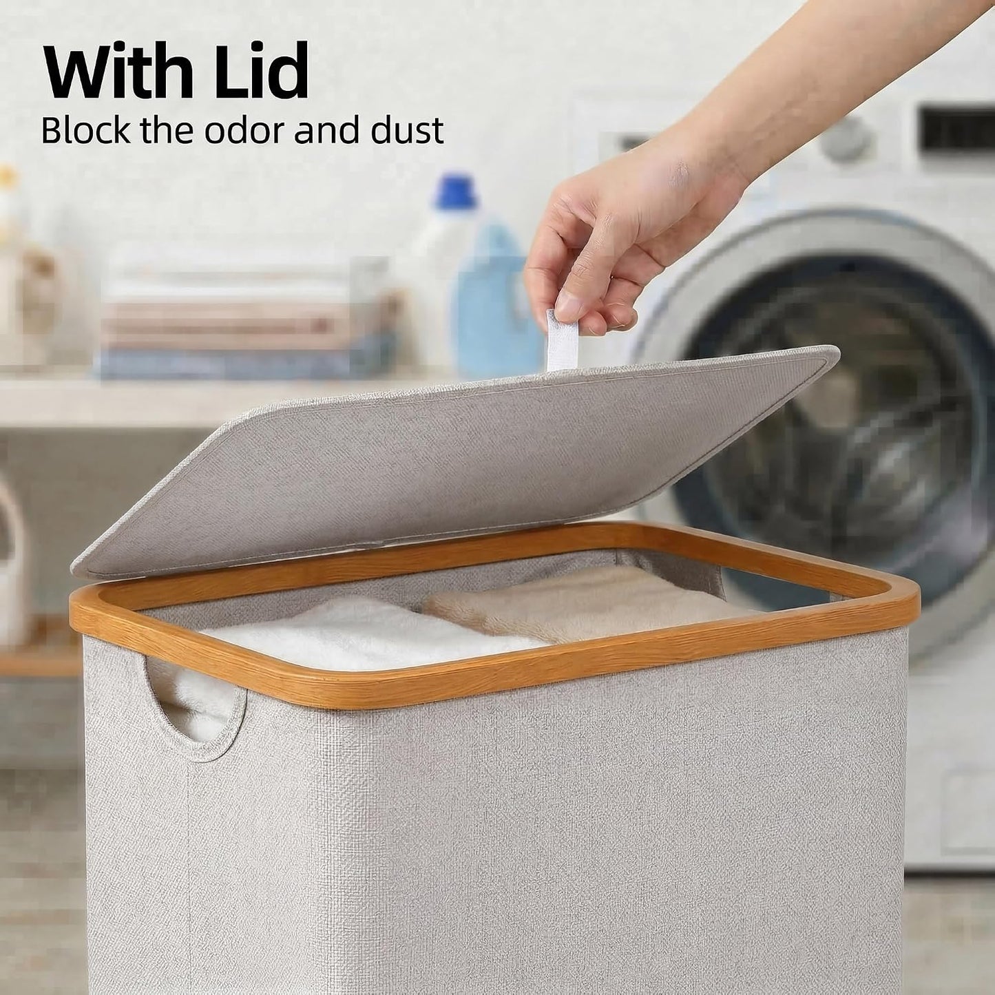 efluky Slim Laundry Basket with Lid, Narrow Laundry Hamper with Removable Bag, Skinny Dirty Clothes Basket with Bamboo Handles for Bathroom, Bedroom & Laundry Room, 75L Beige