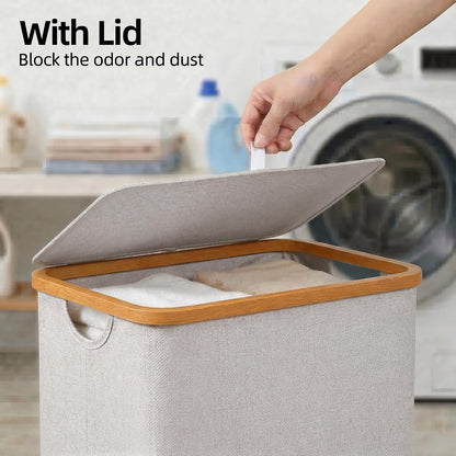 efluky Slim Laundry Basket with Lid, Narrow Laundry Hamper with Removable Bag, Skinny Dirty Clothes Basket with Bamboo Handles for Bathroom, Bedroom & Laundry Room, 75L Beige