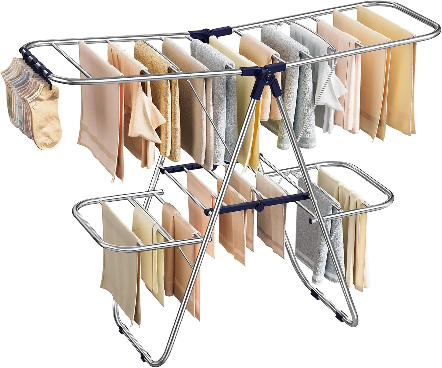 SONGMICS Clothes Drying Rack, Foldable Laundry Drying Rack, Blue | Sock Clips, Metal Clothes Airer with Height-Adjustable Gullwings, Space-Saving, Indoor Outdoor, ULLR505EQ01