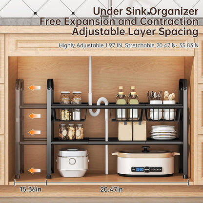 2 Tier Under Sink Organizer Expandable Length/Height Adjustable Heavy | Length/height adjustable fits any cabinet, 4 removable shelves/baskets, anti-wobble feet, for kitchen/bathroom/laundry