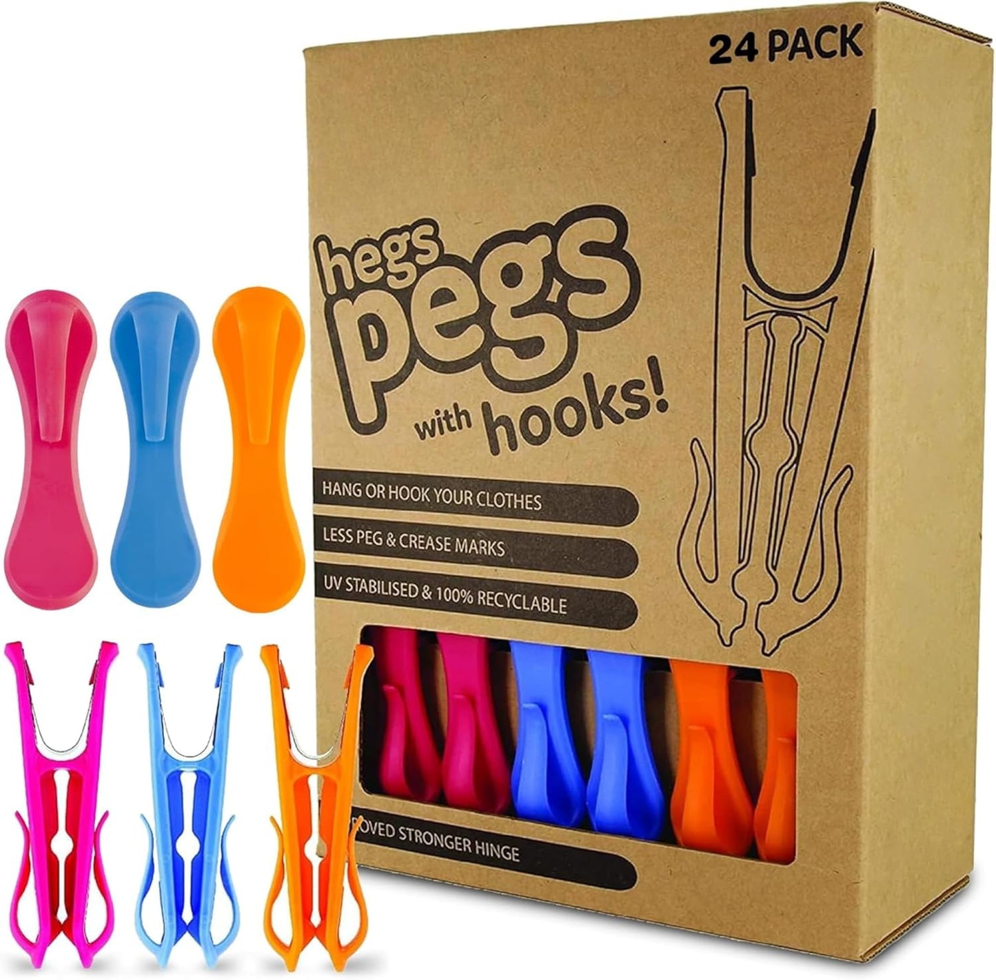 Hegs 24 Pack Multi-Color - The Smartest Heavy Duty Clothespins with Hooks - Hang 3 Garments at Once with Our Tough, Dual Hooks Clothes Pins with Anti-Rust Spring - Durable, Colorful Clothespins