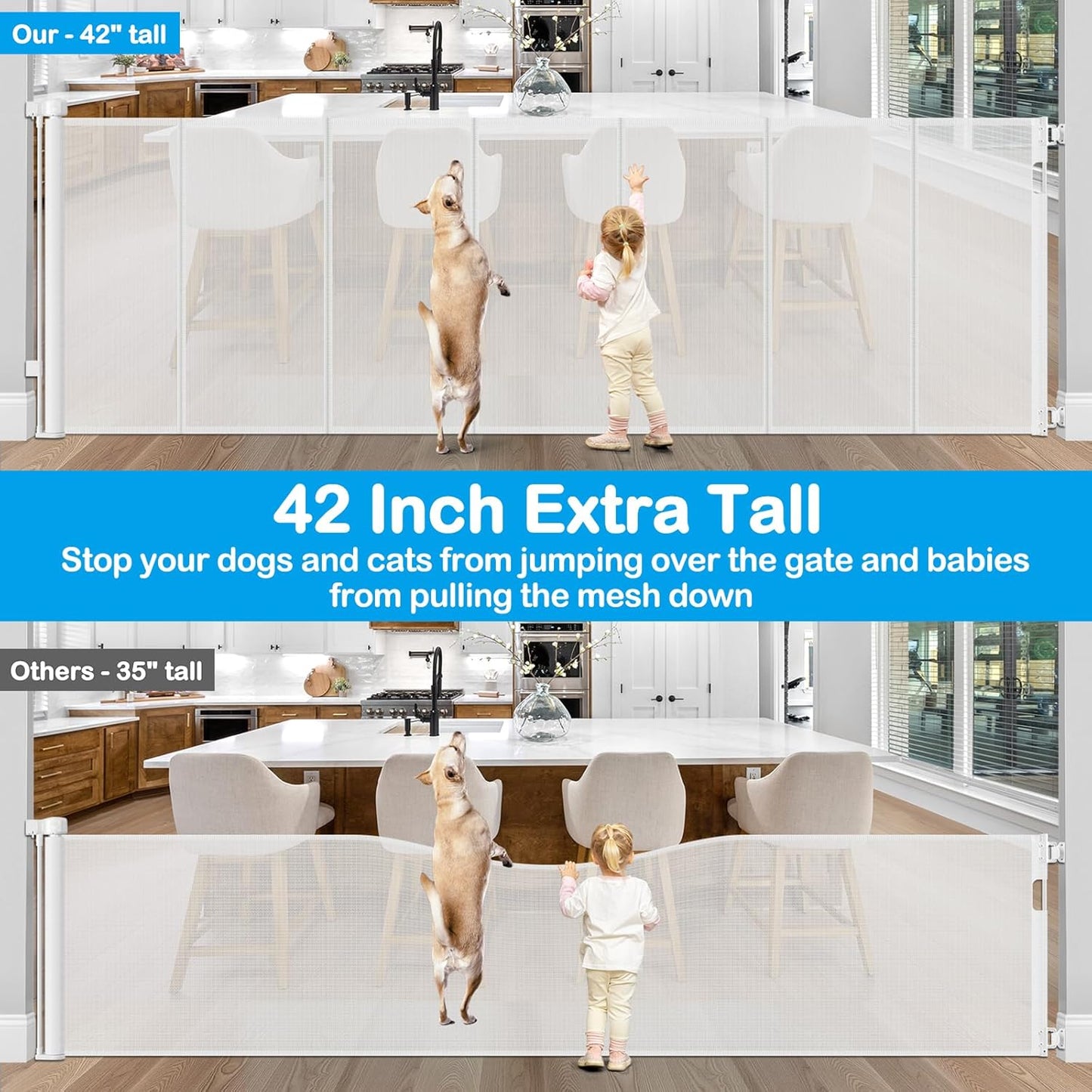 42 Inch Extra Tall Retractable Baby Gates with Reinforced Strips 55 Inch Wide Outdoor Retractable Dog Gate No Sag Extra Tall Baby Gate for Doorway Anti-Scratch Mesh Gates for Kids or Pets, White