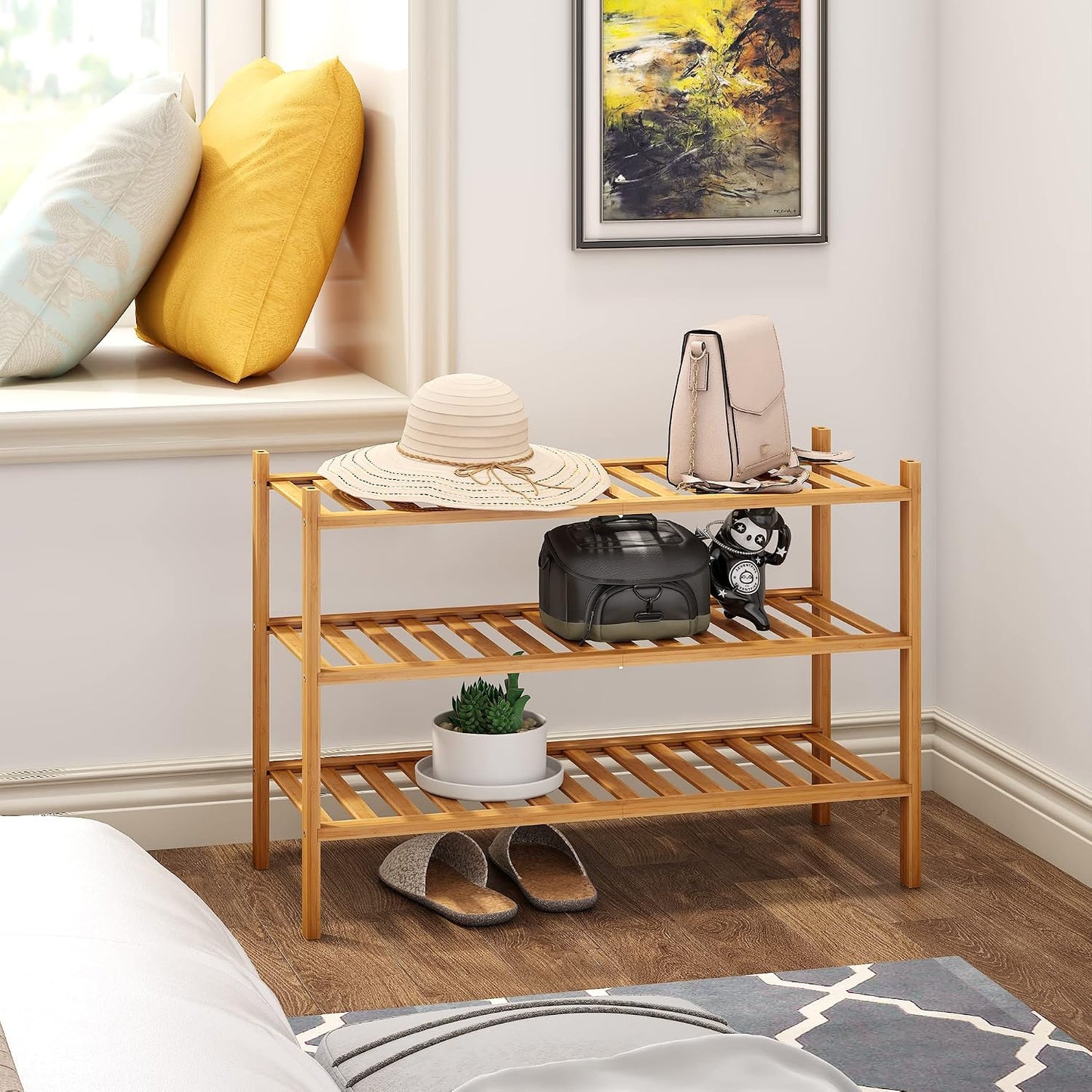 BMOSU 2-Tier Bamboo Small Shoe Rack Premium Stackable Shoe Shelf Storage Organizer for Hallway Closet Living Room Entryway Organizer (Black Bamboo)