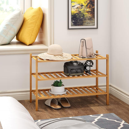 BMOSU 2-Tier Bamboo Small Shoe Rack Premium Stackable Shoe Shelf Storage Organizer for Hallway Closet Living Room Entryway Organizer (Black Bamboo)