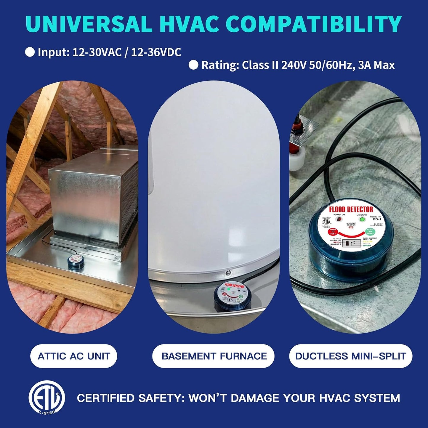 HVAC Flood Sensor Water Leak Detector with Internal Audible Alarm, 12-30V AC/12-36V DC 3A High Load 5-Wire Condensate Overflow Switch for Primary/Secondary Drain Pans, Mini-Splits & Furnaces, ETL