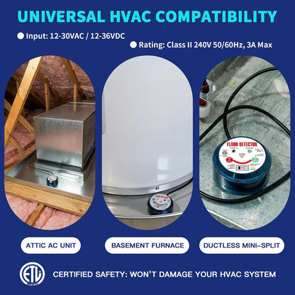 HVAC Flood Sensor Water Leak Detector with Internal Audible Alarm, 12-30V AC/12-36V DC 3A High Load 5-Wire Condensate Overflow Switch for Primary/Secondary Drain Pans, Mini-Splits & Furnaces, ETL