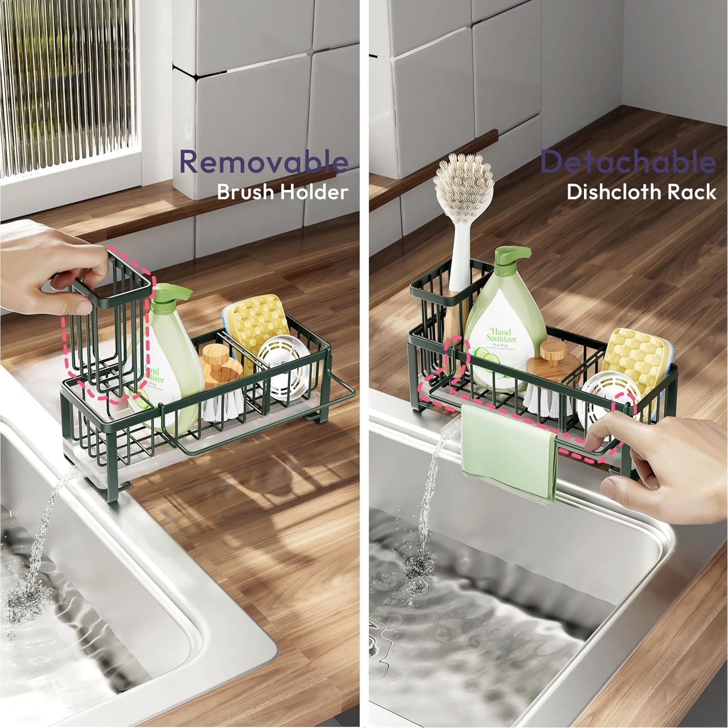 SWTYMIKI Sink Caddy Sponge Holder - Large Sponge Holder for Kitchen Sink with 360°Auto-Drain Tray, Rustproof Stainless Steel Kitchen Organizer Caddy for Countertop Organization