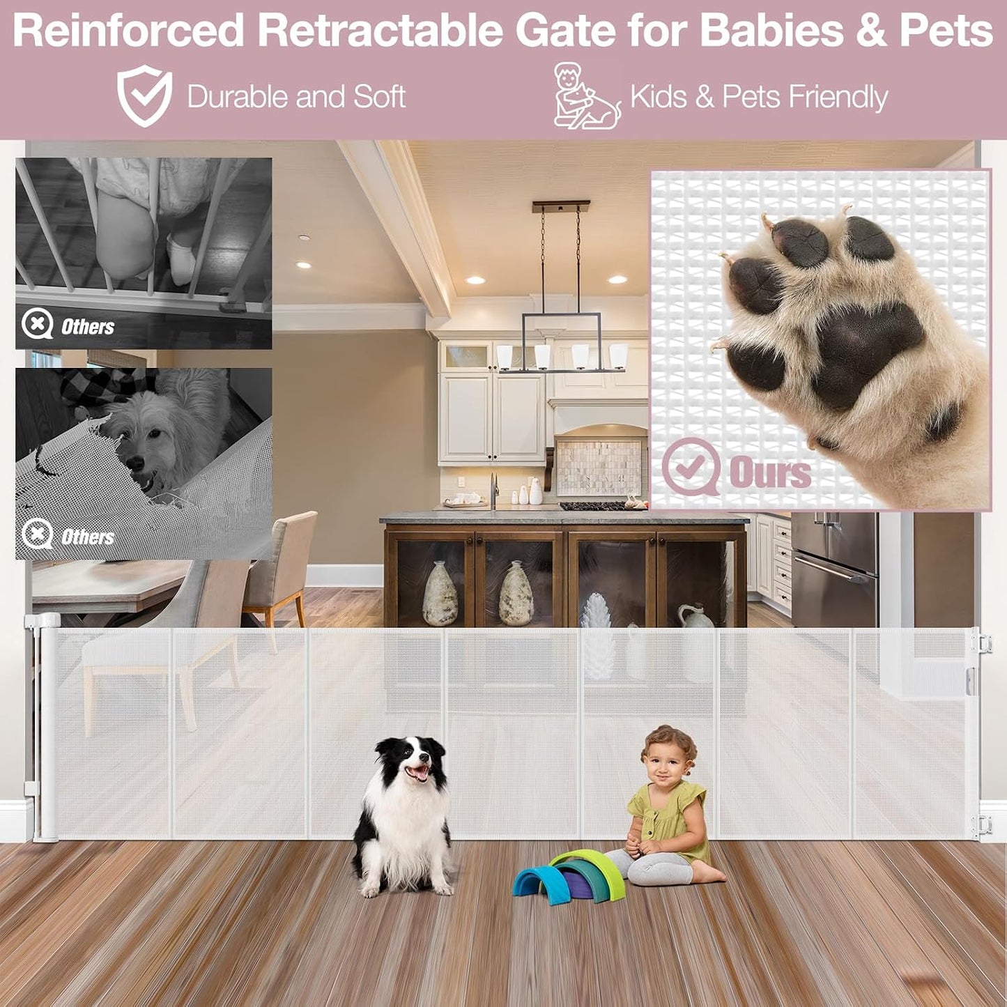 Reinforced 72" Wide Retractable Dog Gate with Support Rods - Prevent Crawling Under Extra Wide Baby Gate Retractable Gate Outdoor, Retractable Pet Gate Long Dog Gate, Mesh Gates for Kids or Pets, Gray