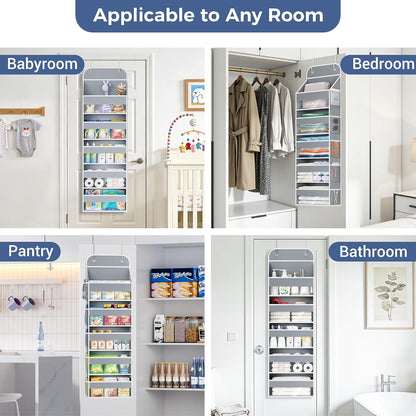 COOLBEBE 2-Pack over the Door Organizer, 5-Tier Hanging Storage with Clear Windows & Mesh Side Pockets, Heavy-Duty Nursery Closet Organizer for Baby Essentials, Bathroom, Bedroom, Grey