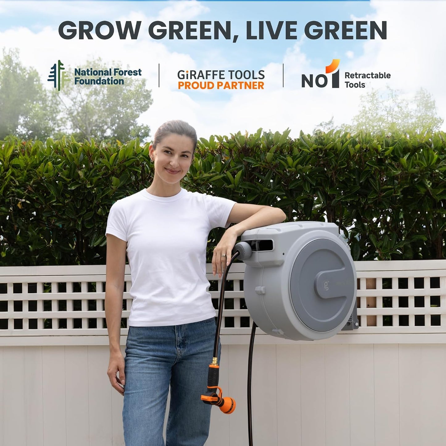 Giraffe Tools Retractable Garden Hose Reel 1/2 Inch x 100 ft, Super Heavy Duty, Any Length Lock, Slow Return System, Wall Mounted and 180 Deg Swivel Metal Bracket