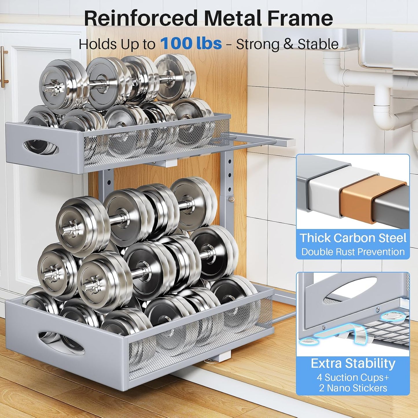 Under Sink Organizer, 2 Pack 2 Tier Pull Out Under Cabinet Organizer Shelf with Pad for Framed Cabinets, Metal Slide Out Under Sink Storage, Mesh Sliding Drawers for Kitchen Bathroom Laundry, Black