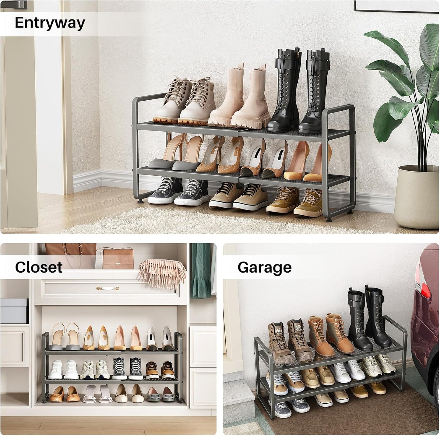 SNTD Shoe Rack - Expandable Shoe Organizer for Closet, Adjustable Metal Shoe Shelf Storage, Stackable Long Shoe Stand Holder for Garage, Entryway, Door Entrance (Black, 2-Tier)