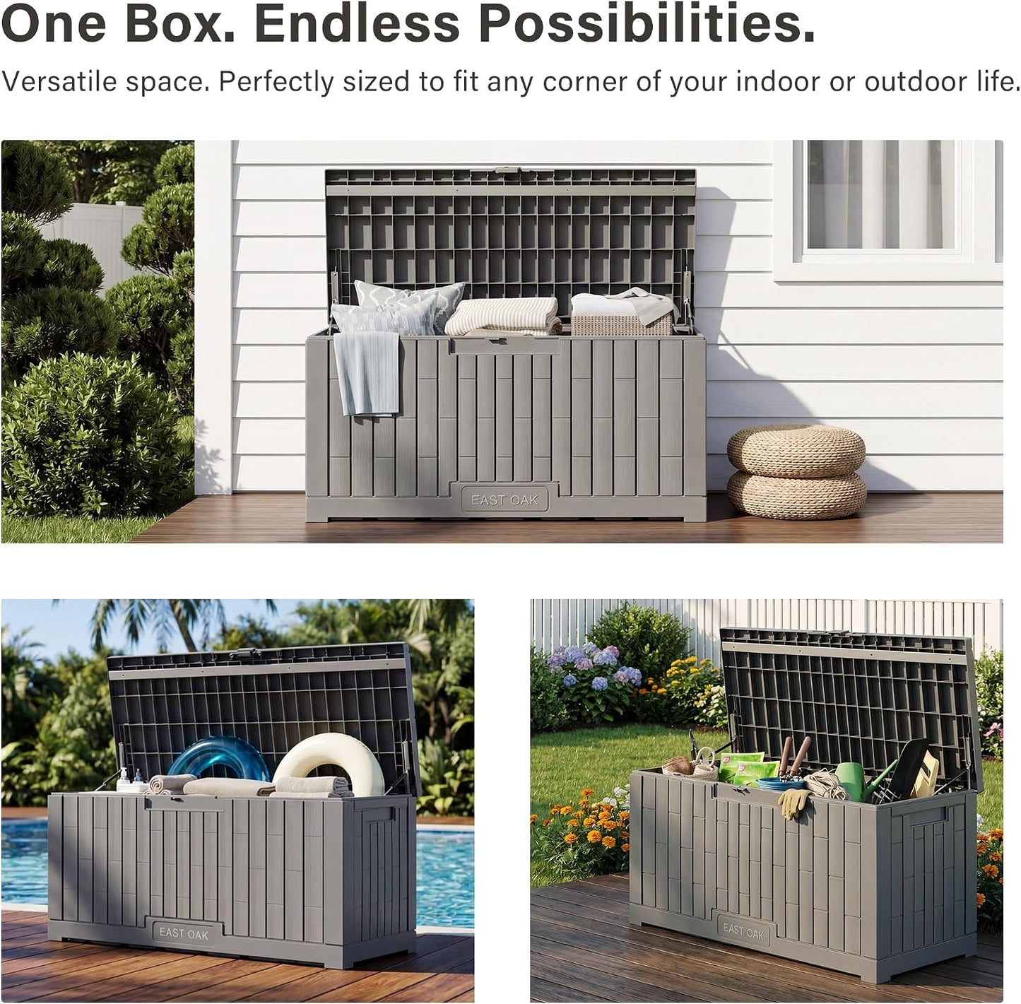 EAST OAK Outdoor Storage Box, 31 Gallon Deck Box Indoor and Outdoor Use, Waterproof Resin Storage Bin for Package Delivery, Patio Cushions, Gardening Tools, Lockable, UV Resistant, Grey