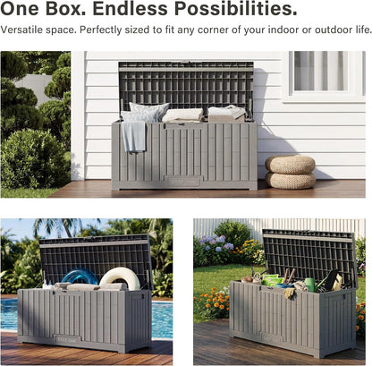 EAST OAK Outdoor Storage Box, 31 Gallon Deck Box Indoor and Outdoor Use, Waterproof Resin Storage Bin for Package Delivery, Patio Cushions, Gardening Tools, Lockable, UV Resistant, Grey