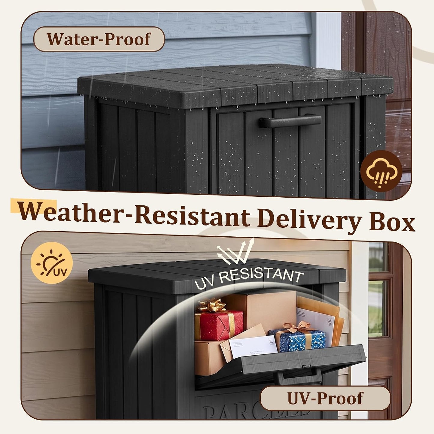 Outdoor Storage Box, 90 Gallon Package Delivery Boxes for Outside, with Lockable Secure, Deck Box Outdoor Waterproof for Entryway, Front Porch, Backyard, Garden, Patio, Lawn, Black