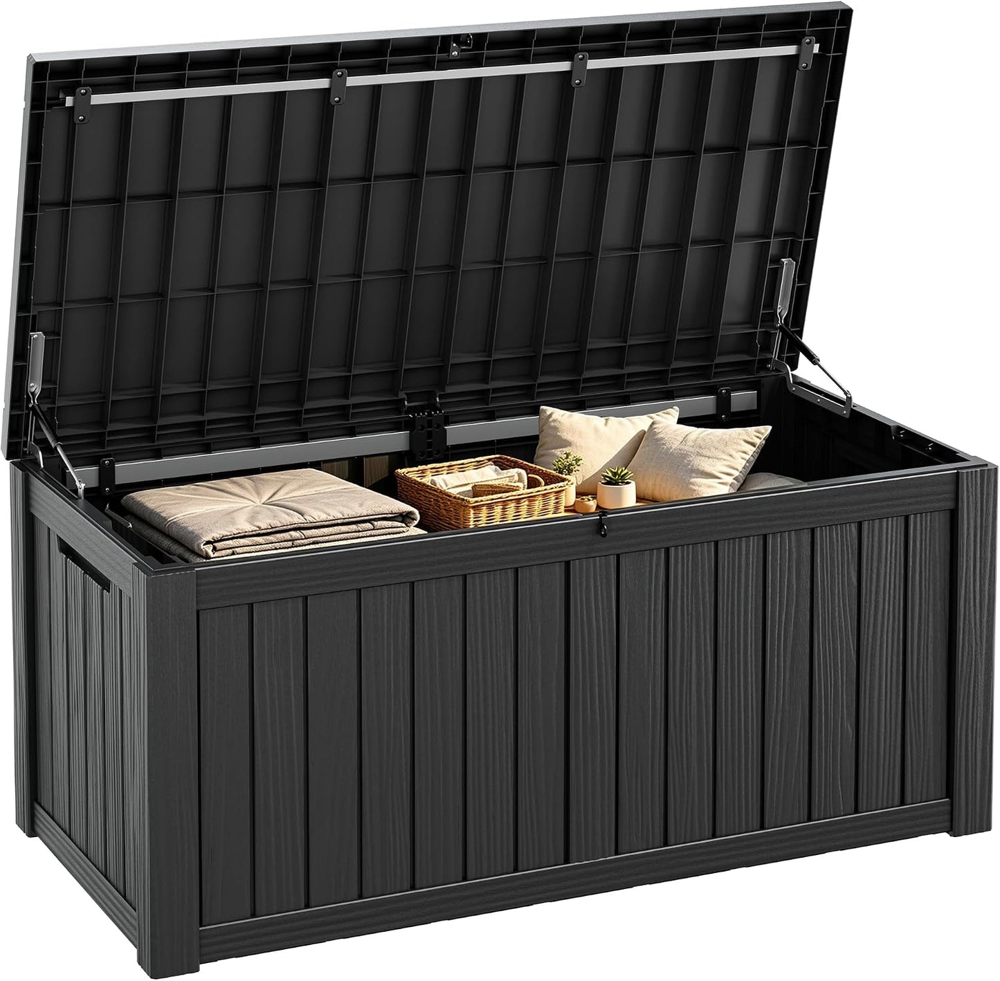 Fancyango 75 Gallon Outdoor Deck Box Waterproof, Large Storage Box for Patio, Resin Storage Bench Lockable for Garden Tools, Package Delivery, Black