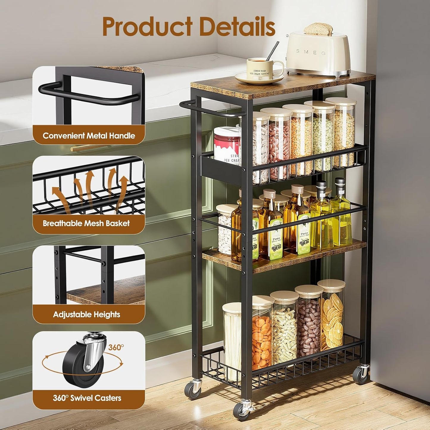 Slim Storage Rolling Cart, 4 Tier Narrow Cart with Wheels, Metal Kitchen Rolling Cart for Small Spaces, Slide Out Storage Shelves for Kitchen, Laundry Room, Bathroom, Living Room, 7.1in(W)