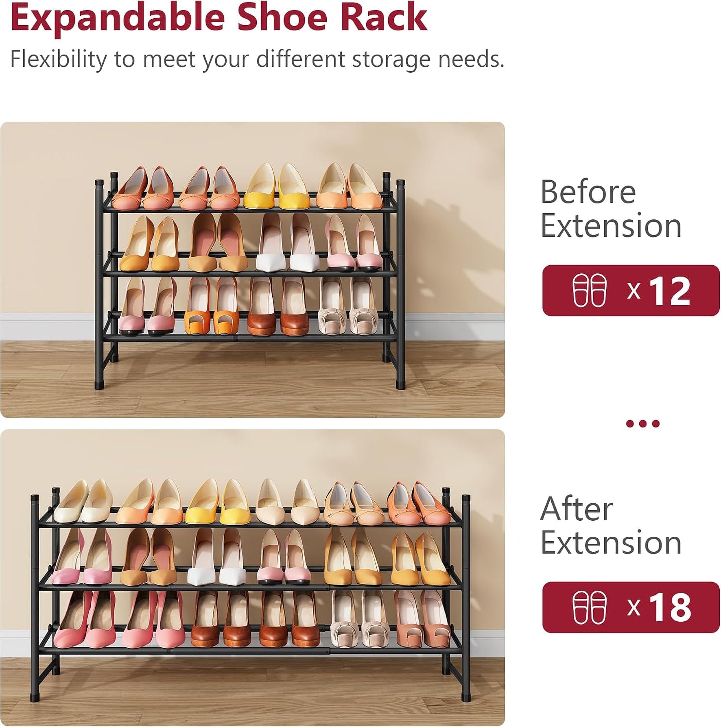 Tajsoon Expandable Shoe Rack for Closet 3 Tier, 28“-41“Adjustable & Stackable Shoe Shelf Storage, Metal Shoe Rack Organizer for Front Door Entrance, Closet, Garage, Entryway, Black