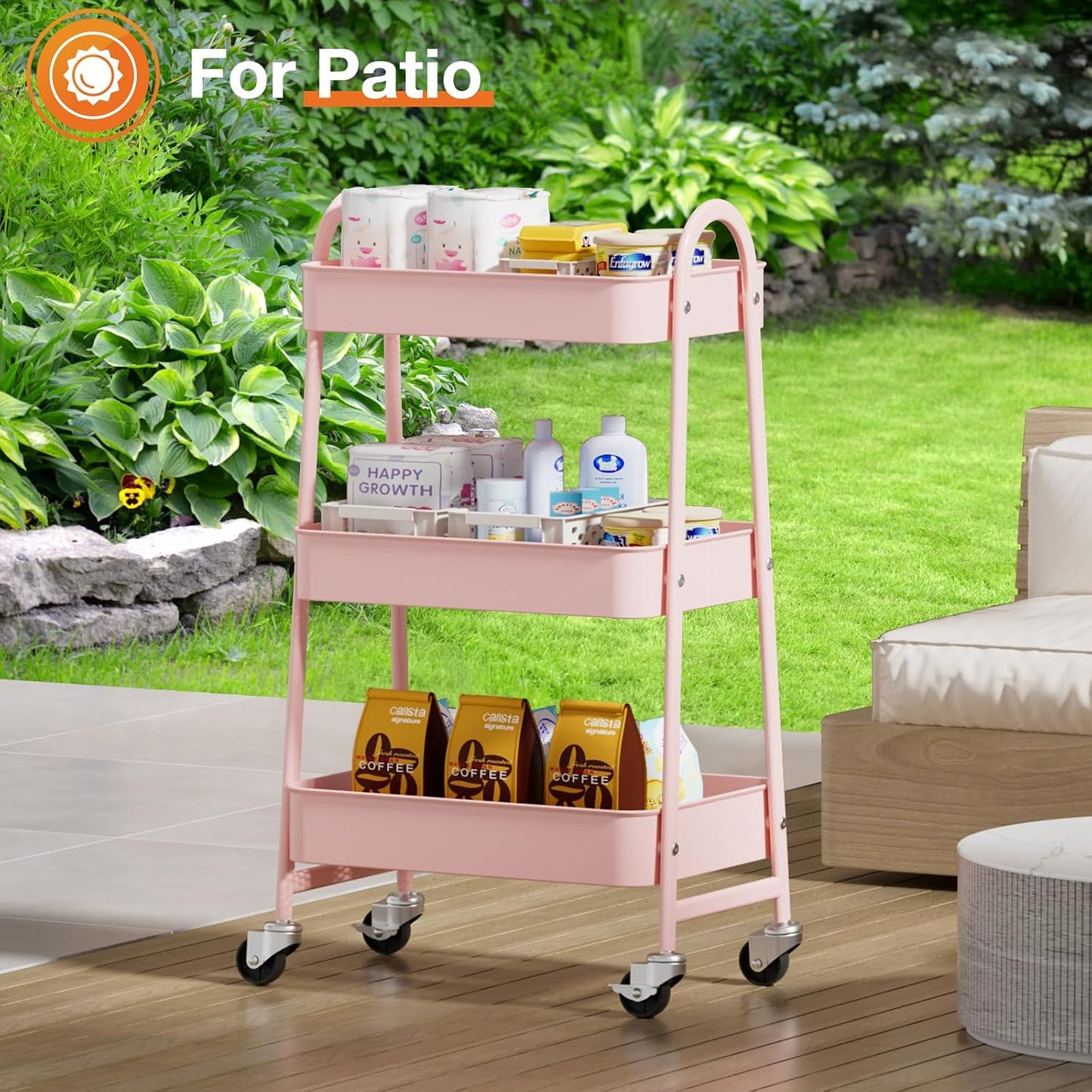 NEWBULIG 3-Tier Rolling Storage Cart, Metal Mobile Utility Organizer Shelf with Lockable Wheels, Space-Saving Freestanding Storage for Bathroom Living Room and Narrow Corner Spaces, Green