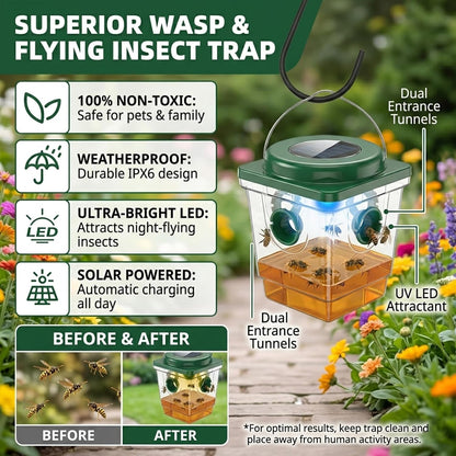 4 Pack Solar Wasp Traps Outdoor Hanging: Reusable Yellow Jacket Traps with LED Light - Effective Solar Powered Carpenter Bee Traps for Deck - Waterproof Wasp Deterrent for Garden & Yard (4)