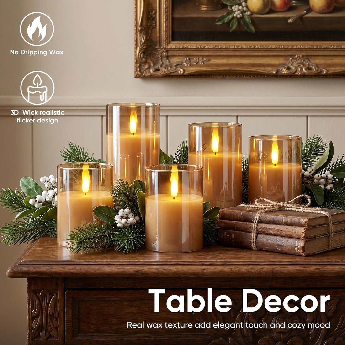 5plots Glass Battery Operated White Flameless Candles with Remote Timer, 3D Wick Real Wax Pillar Led Candles Warm Flickering Light for Indoor Home, Halloween, Christmas Decor, Set of 3, D3 x H4 5" 6"
