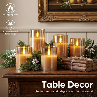 5plots Glass Battery Operated White Flameless Candles with Remote Timer, 3D Wick Real Wax Pillar Led Candles Warm Flickering Light for Indoor Home, Halloween, Christmas Decor, Set of 3, D3 x H4 5" 6"