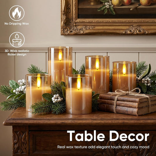 5plots Glass Battery Operated White Flameless Candles with Remote Timer, 3D Wick Real Wax Pillar Led Candles Warm Flickering Light for Indoor Home, Halloween, Christmas Decor, Set of 3, D3 x H4 5" 6"