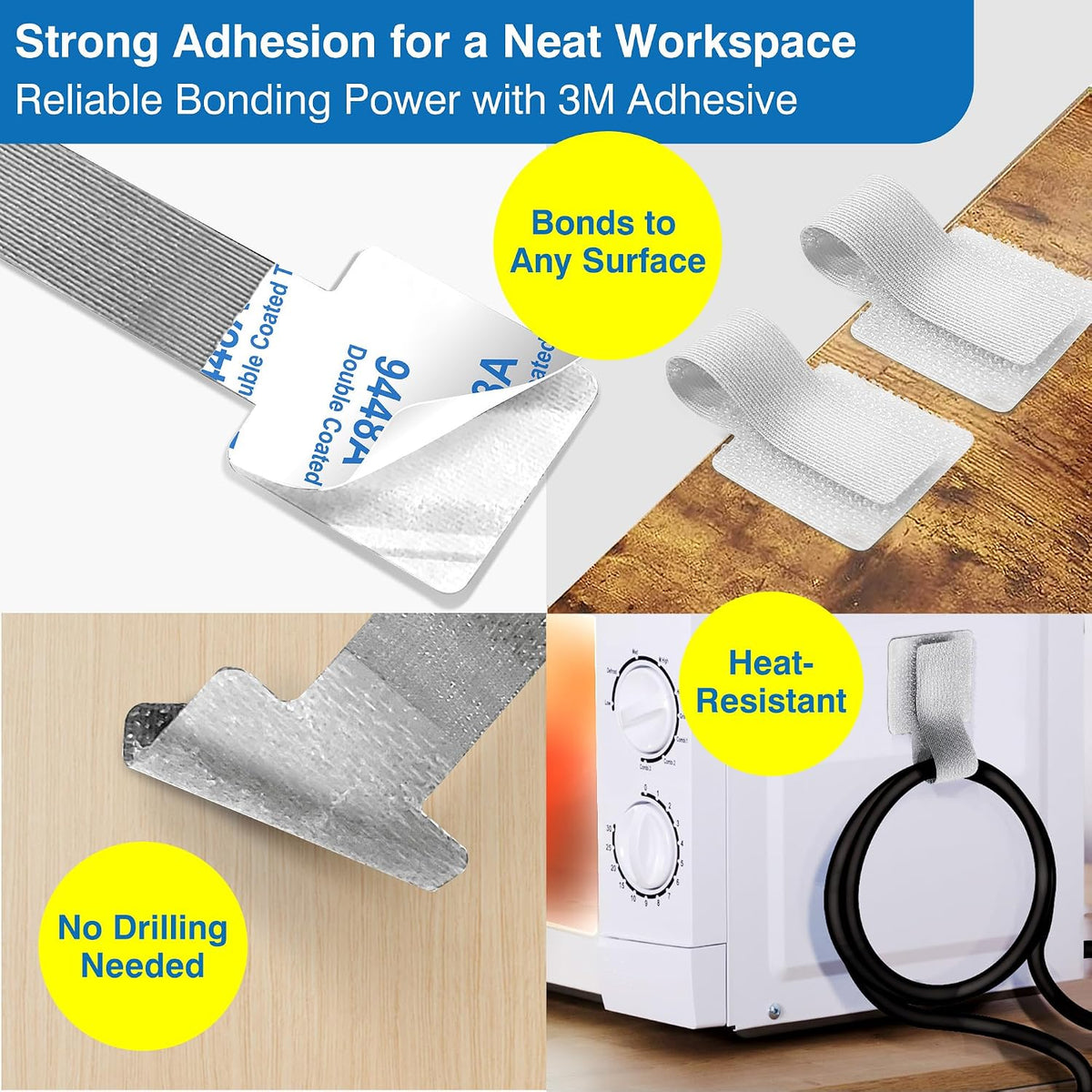 Cable Management Kit – 40 Self-Adhesive Hook & Loop Cable Ties with 2 Extension Straps, Strong Adhesive Cord Organizer for Desk, Wall, Home & Office – Adjustable Wire Holders (Black)