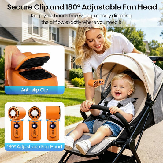 Clip-On Portable Fan with Ice Cooling, 5 Speeds Rechargeable Handheld Mini Fan with LED Display, 180° Portable Turbo Fan for Stroller, Eye Lash, Travel, Concert, Beach, Gifts for Women (White)